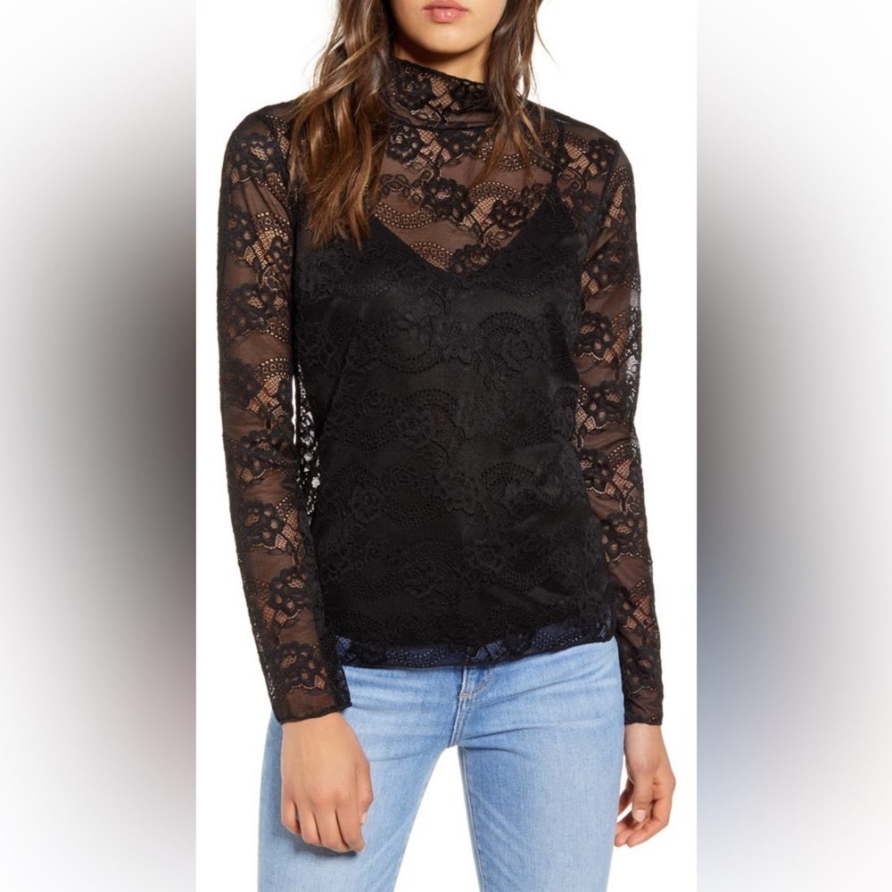 Chelsea28 Sheer Lace Mock Neck Top